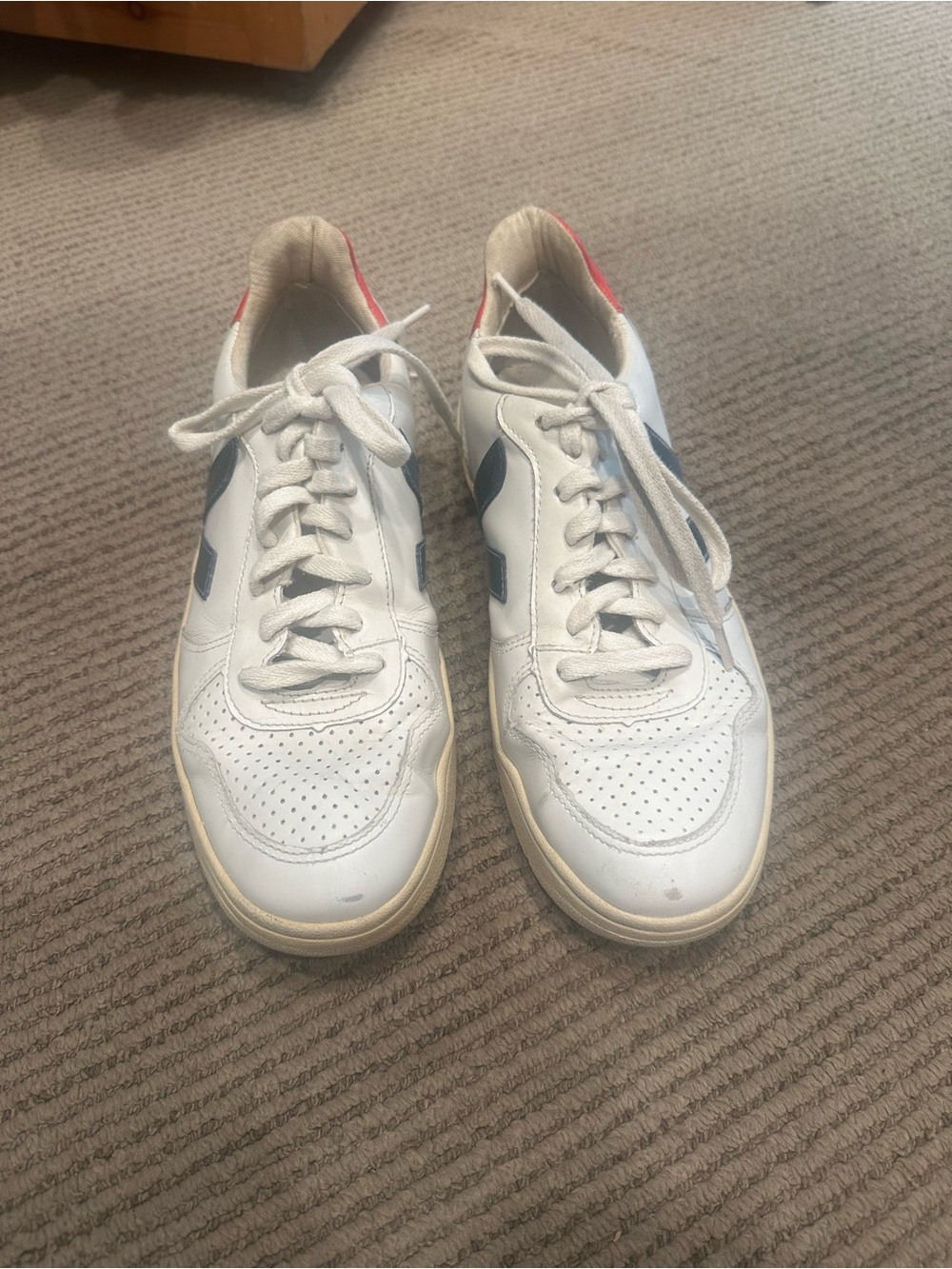 Veja women’s White Leather Sneakers with Blue V and Red Heel Tab